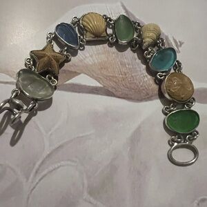 Jessica Lee 925 Sea Glass & Sea Shells Link Bracelet 7.5”
